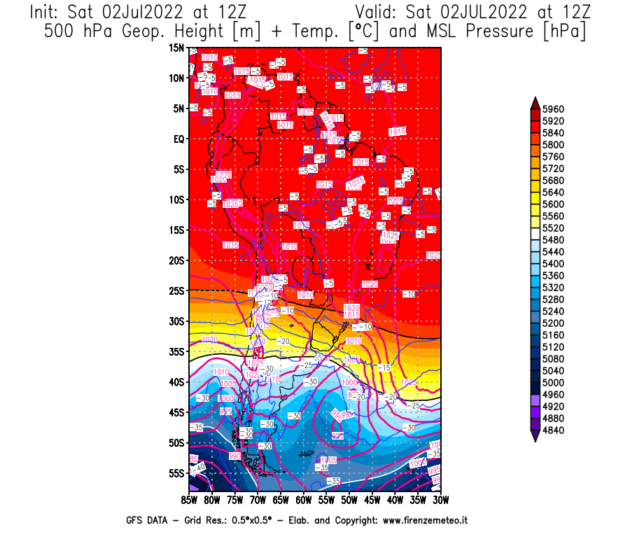 GFS analysi map - Geopotential [m] + Temp. [°C] at 500 hPa + Sea Level Pressure [hPa] in South America
									on 02/07/2022 12 <!--googleoff: index-->UTC<!--googleon: index-->