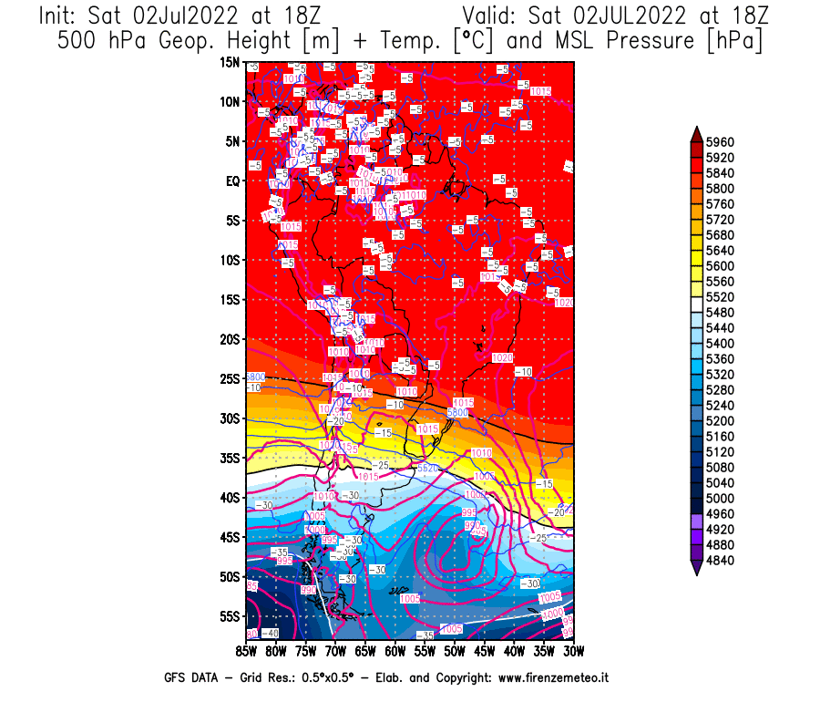 GFS analysi map - Geopotential [m] + Temp. [°C] at 500 hPa + Sea Level Pressure [hPa] in South America
									on 02/07/2022 18 <!--googleoff: index-->UTC<!--googleon: index-->