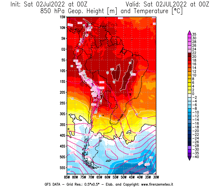GFS analysi map - Geopotential [m] and Temperature [°C] at 850 hPa in South America
									on 02/07/2022 00 <!--googleoff: index-->UTC<!--googleon: index-->