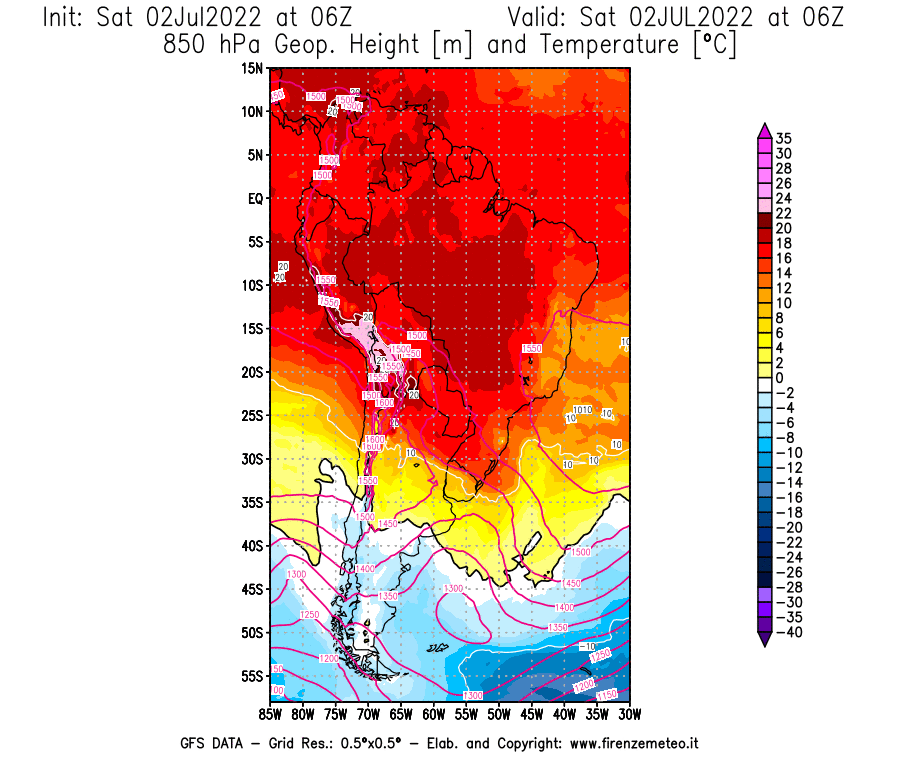 GFS analysi map - Geopotential [m] and Temperature [°C] at 850 hPa in South America
									on 02/07/2022 06 <!--googleoff: index-->UTC<!--googleon: index-->