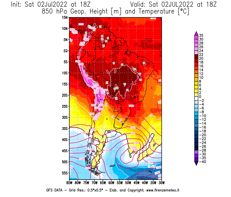 GFS analysi map - Geopotential [m] and Temperature [°C] at 850 hPa in South America
									on 02/07/2022 18 <!--googleoff: index-->UTC<!--googleon: index-->