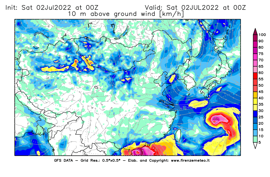 GFS analysi map - Wind Speed at 10 m above ground [km/h] in East Asia
									on 02/07/2022 00 <!--googleoff: index-->UTC<!--googleon: index-->