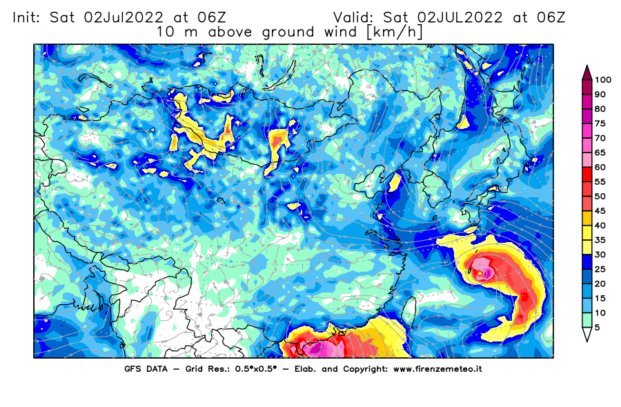 GFS analysi map - Wind Speed at 10 m above ground [km/h] in East Asia
									on 02/07/2022 06 <!--googleoff: index-->UTC<!--googleon: index-->
