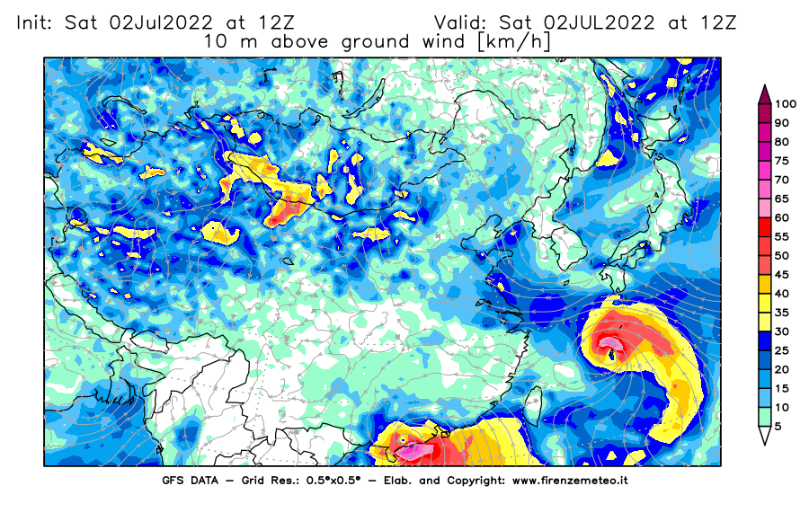 GFS analysi map - Wind Speed at 10 m above ground [km/h] in East Asia
									on 02/07/2022 12 <!--googleoff: index-->UTC<!--googleon: index-->