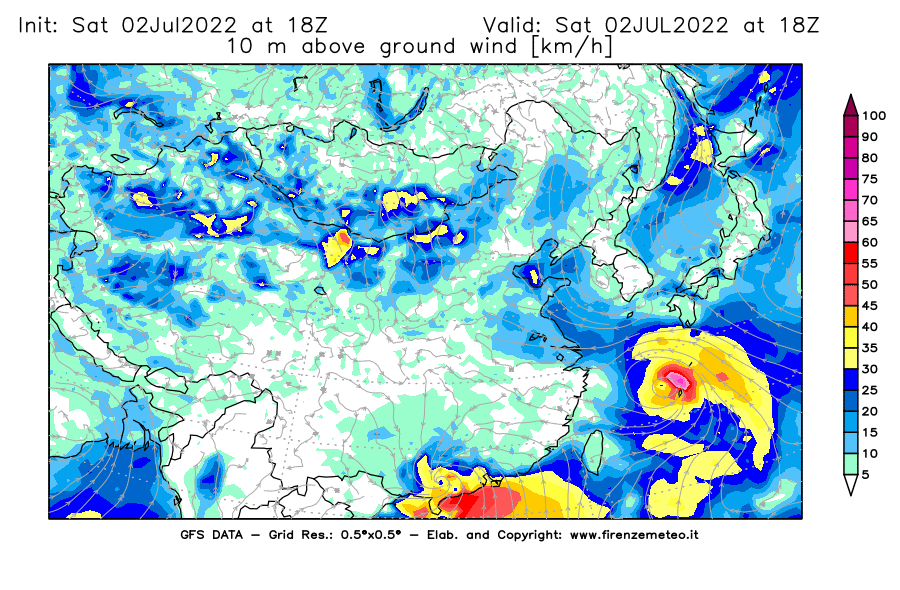 GFS analysi map - Wind Speed at 10 m above ground [km/h] in East Asia
									on 02/07/2022 18 <!--googleoff: index-->UTC<!--googleon: index-->
