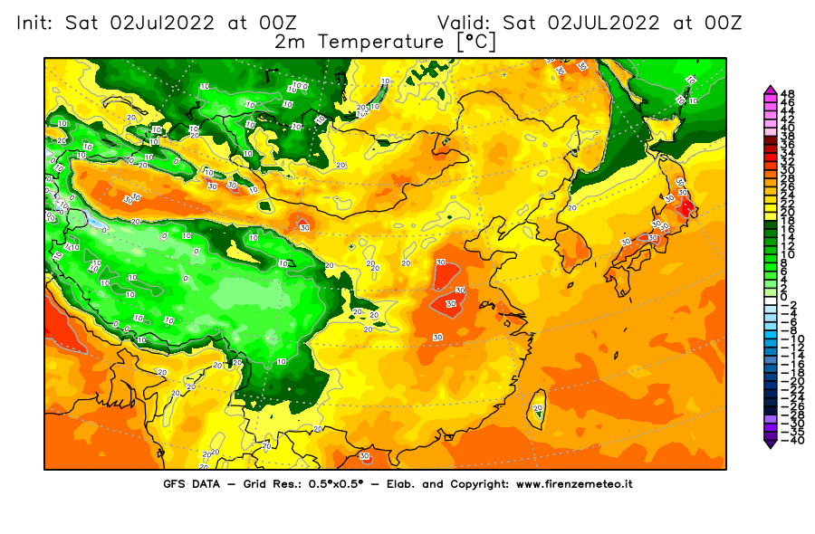GFS analysi map - Temperature at 2 m above ground [°C] in East Asia
									on 02/07/2022 00 <!--googleoff: index-->UTC<!--googleon: index-->