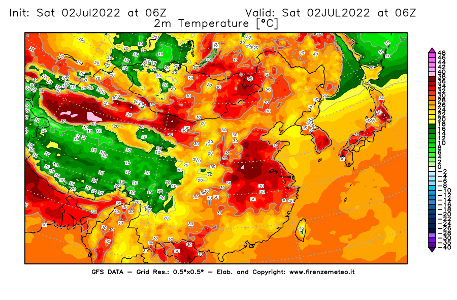 GFS analysi map - Temperature at 2 m above ground [°C] in East Asia
									on 02/07/2022 06 <!--googleoff: index-->UTC<!--googleon: index-->