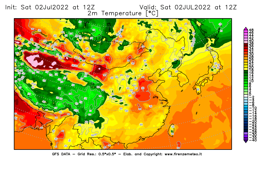 GFS analysi map - Temperature at 2 m above ground [°C] in East Asia
									on 02/07/2022 12 <!--googleoff: index-->UTC<!--googleon: index-->