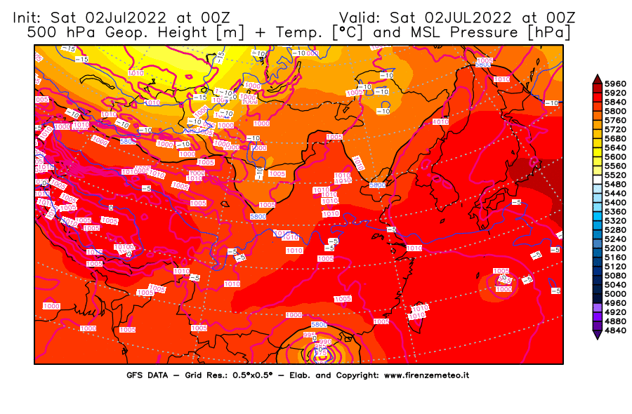 GFS analysi map - Geopotential [m] + Temp. [°C] at 500 hPa + Sea Level Pressure [hPa] in East Asia
									on 02/07/2022 00 <!--googleoff: index-->UTC<!--googleon: index-->