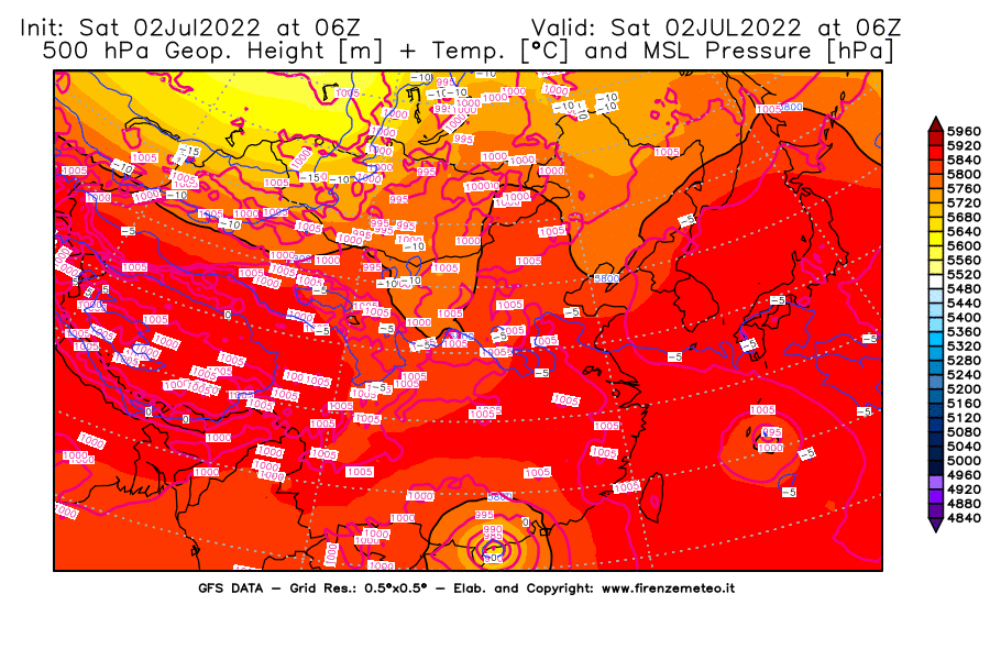 GFS analysi map - Geopotential [m] + Temp. [°C] at 500 hPa + Sea Level Pressure [hPa] in East Asia
									on 02/07/2022 06 <!--googleoff: index-->UTC<!--googleon: index-->