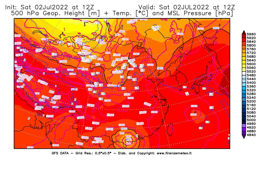 GFS analysi map - Geopotential [m] + Temp. [°C] at 500 hPa + Sea Level Pressure [hPa] in East Asia
									on 02/07/2022 12 <!--googleoff: index-->UTC<!--googleon: index-->