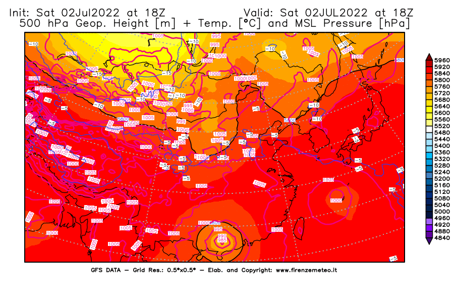 GFS analysi map - Geopotential [m] + Temp. [°C] at 500 hPa + Sea Level Pressure [hPa] in East Asia
									on 02/07/2022 18 <!--googleoff: index-->UTC<!--googleon: index-->