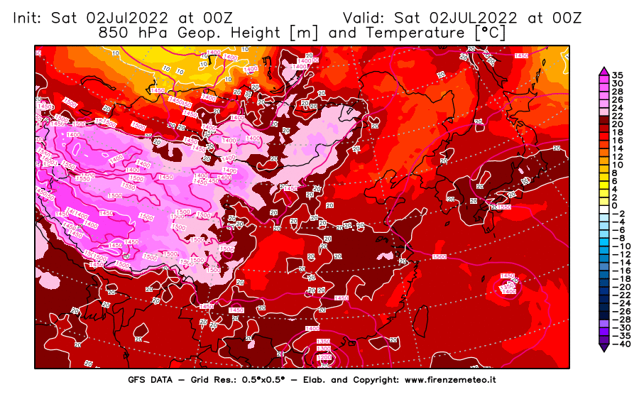 GFS analysi map - Geopotential [m] and Temperature [°C] at 850 hPa in East Asia
									on 02/07/2022 00 <!--googleoff: index-->UTC<!--googleon: index-->