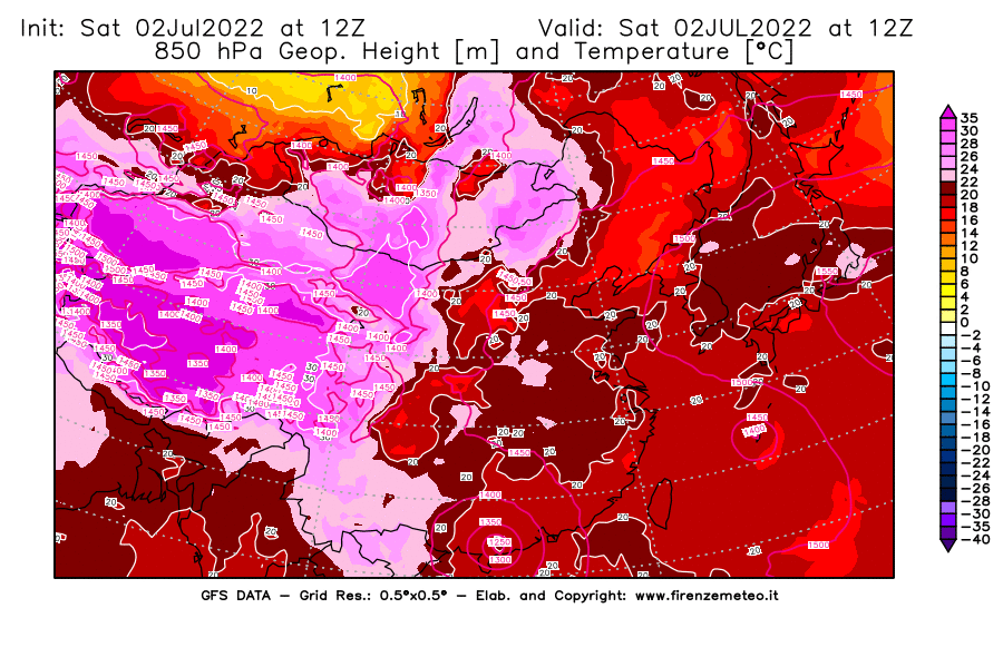 GFS analysi map - Geopotential [m] and Temperature [°C] at 850 hPa in East Asia
									on 02/07/2022 12 <!--googleoff: index-->UTC<!--googleon: index-->