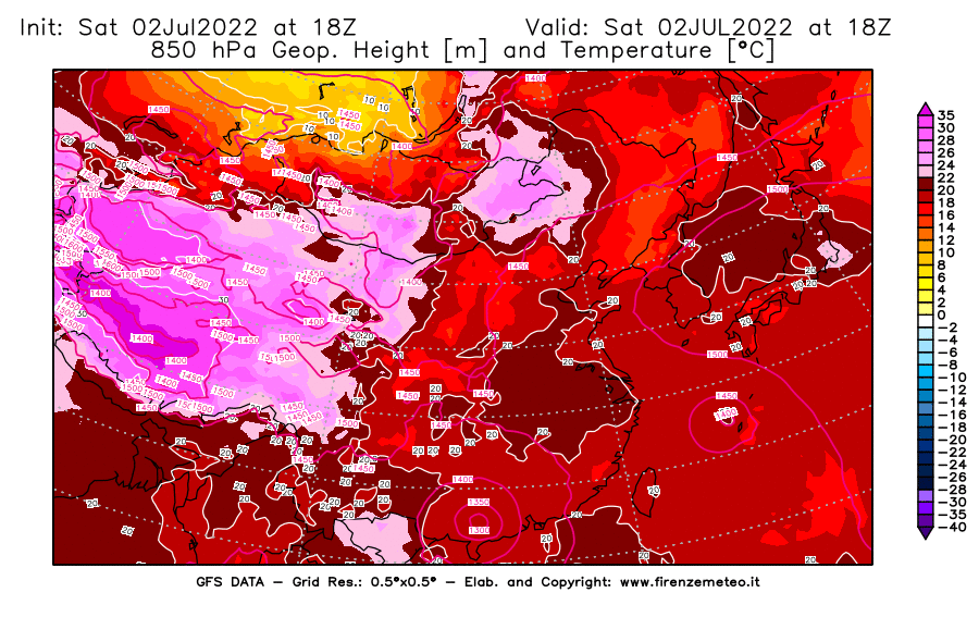 GFS analysi map - Geopotential [m] and Temperature [°C] at 850 hPa in East Asia
									on 02/07/2022 18 <!--googleoff: index-->UTC<!--googleon: index-->