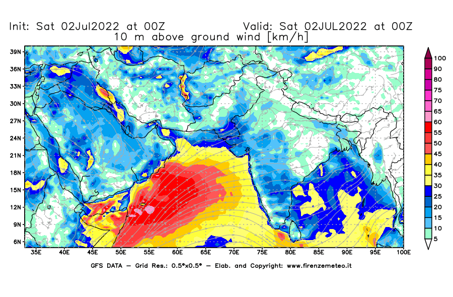 GFS analysi map - Wind Speed at 10 m above ground [km/h] in South West Asia 
									on 02/07/2022 00 <!--googleoff: index-->UTC<!--googleon: index-->
