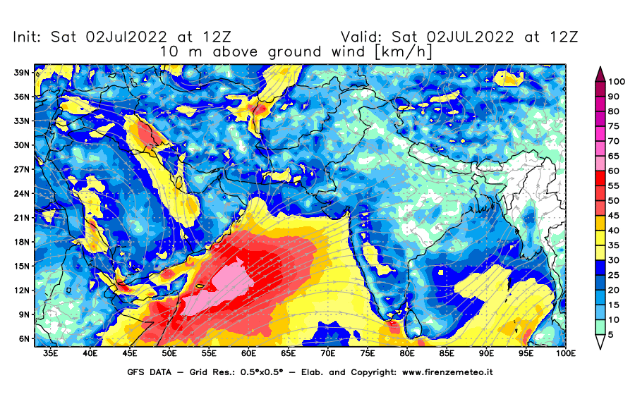 GFS analysi map - Wind Speed at 10 m above ground [km/h] in South West Asia 
									on 02/07/2022 12 <!--googleoff: index-->UTC<!--googleon: index-->