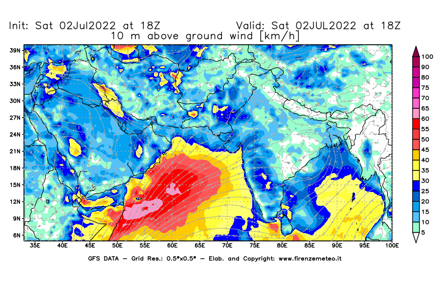GFS analysi map - Wind Speed at 10 m above ground [km/h] in South West Asia 
									on 02/07/2022 18 <!--googleoff: index-->UTC<!--googleon: index-->