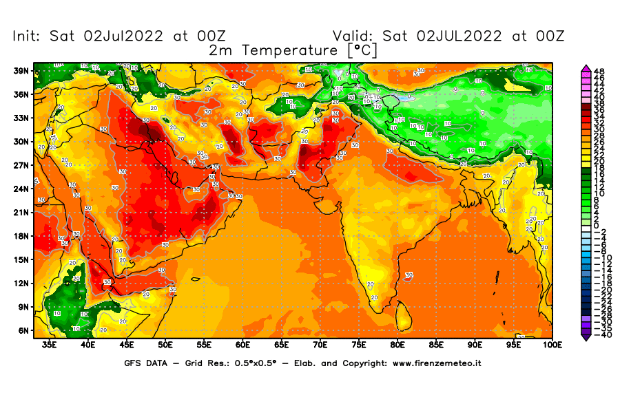 GFS analysi map - Temperature at 2 m above ground [°C] in South West Asia 
									on 02/07/2022 00 <!--googleoff: index-->UTC<!--googleon: index-->