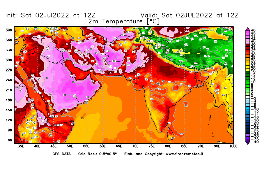 GFS analysi map - Temperature at 2 m above ground [°C] in South West Asia 
									on 02/07/2022 12 <!--googleoff: index-->UTC<!--googleon: index-->