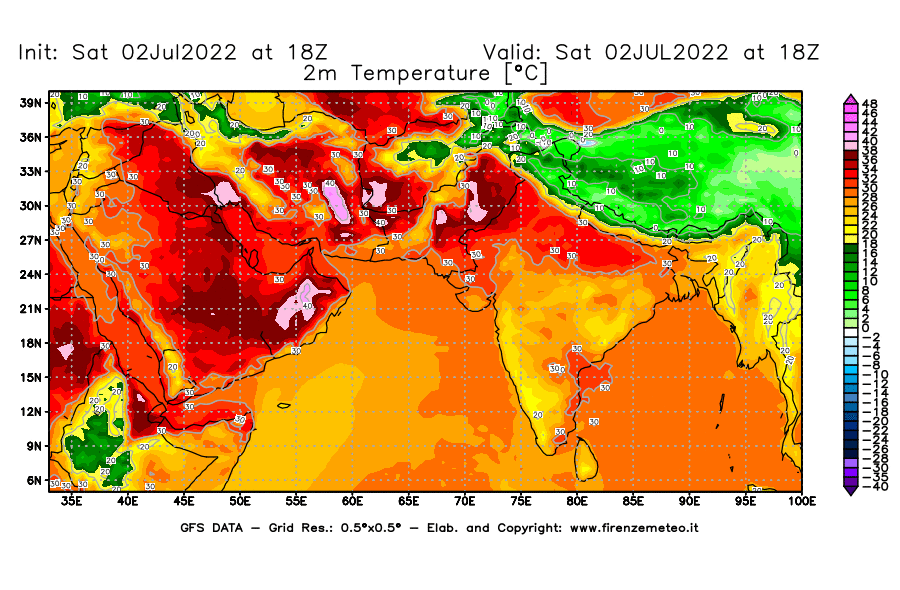 GFS analysi map - Temperature at 2 m above ground [°C] in South West Asia 
									on 02/07/2022 18 <!--googleoff: index-->UTC<!--googleon: index-->