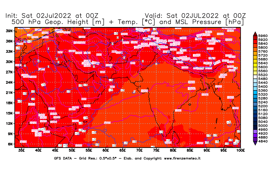 GFS analysi map - Geopotential [m] + Temp. [°C] at 500 hPa + Sea Level Pressure [hPa] in South West Asia 
									on 02/07/2022 00 <!--googleoff: index-->UTC<!--googleon: index-->