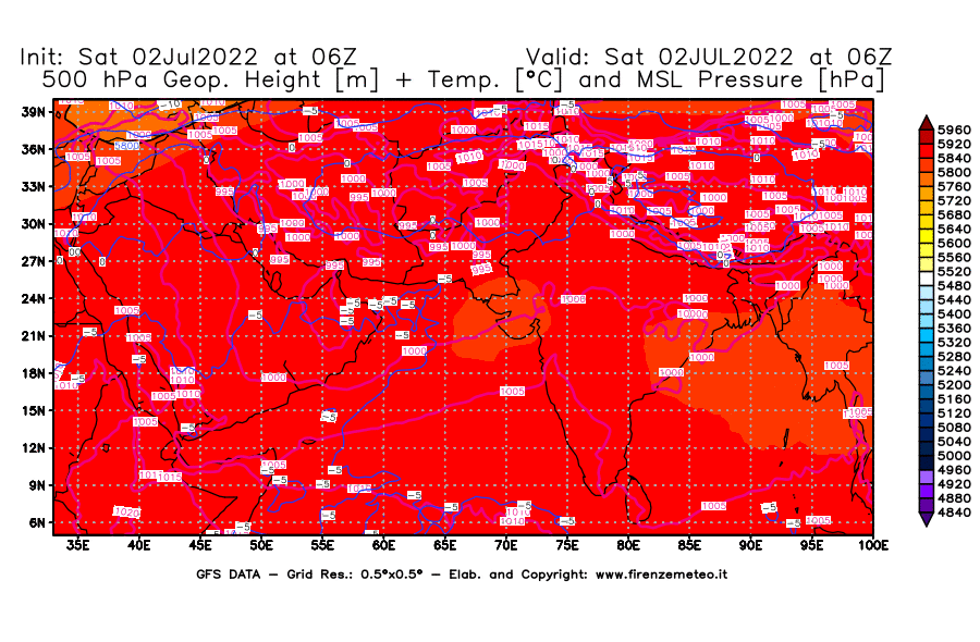 GFS analysi map - Geopotential [m] + Temp. [°C] at 500 hPa + Sea Level Pressure [hPa] in South West Asia 
									on 02/07/2022 06 <!--googleoff: index-->UTC<!--googleon: index-->