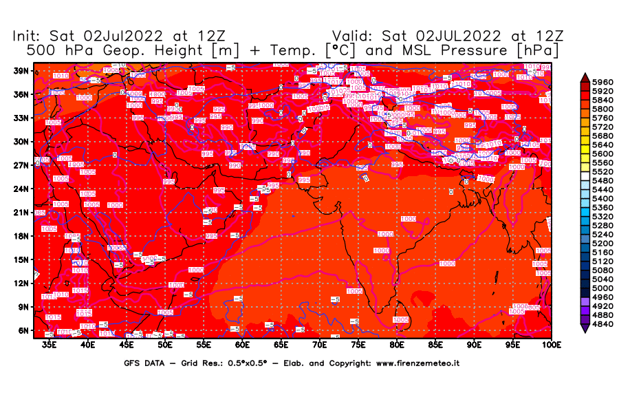 GFS analysi map - Geopotential [m] + Temp. [°C] at 500 hPa + Sea Level Pressure [hPa] in South West Asia 
									on 02/07/2022 12 <!--googleoff: index-->UTC<!--googleon: index-->