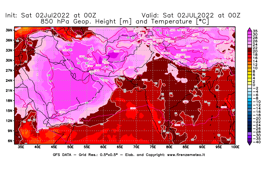 GFS analysi map - Geopotential [m] and Temperature [°C] at 850 hPa in South West Asia 
									on 02/07/2022 00 <!--googleoff: index-->UTC<!--googleon: index-->