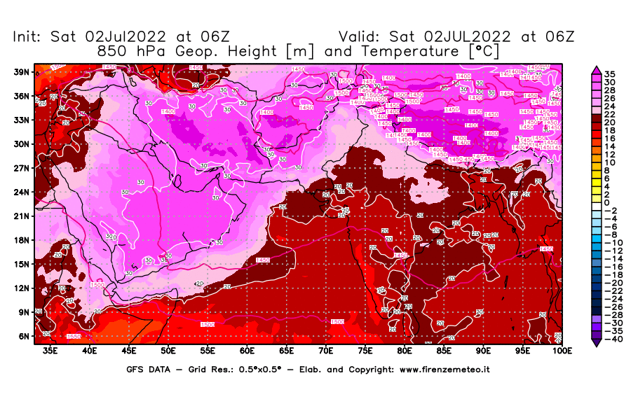 GFS analysi map - Geopotential [m] and Temperature [°C] at 850 hPa in South West Asia 
									on 02/07/2022 06 <!--googleoff: index-->UTC<!--googleon: index-->