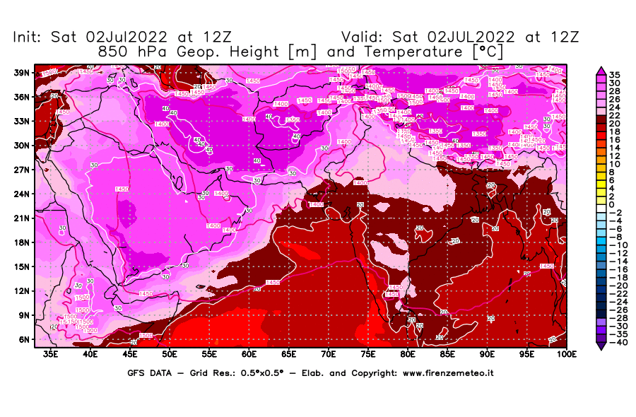 GFS analysi map - Geopotential [m] and Temperature [°C] at 850 hPa in South West Asia 
									on 02/07/2022 12 <!--googleoff: index-->UTC<!--googleon: index-->