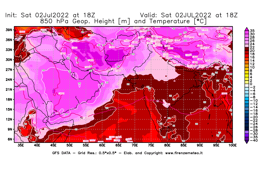 GFS analysi map - Geopotential [m] and Temperature [°C] at 850 hPa in South West Asia 
									on 02/07/2022 18 <!--googleoff: index-->UTC<!--googleon: index-->