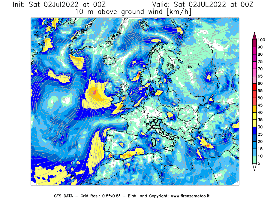 GFS analysi map - Wind Speed at 10 m above ground [km/h] in Europe
									on 02/07/2022 00 <!--googleoff: index-->UTC<!--googleon: index-->