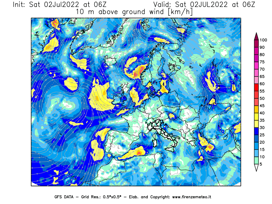 GFS analysi map - Wind Speed at 10 m above ground [km/h] in Europe
									on 02/07/2022 06 <!--googleoff: index-->UTC<!--googleon: index-->