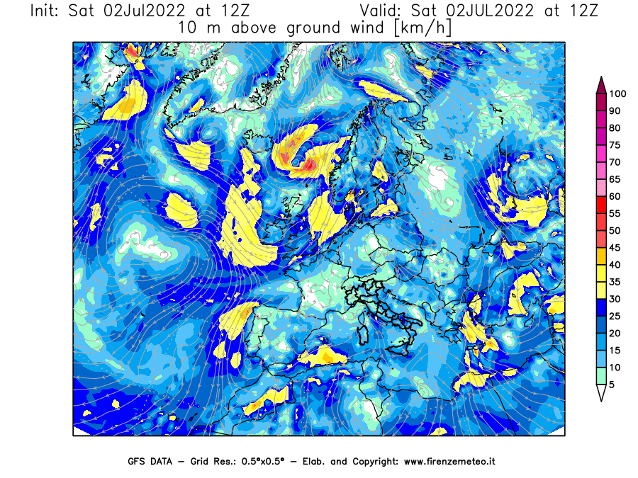 GFS analysi map - Wind Speed at 10 m above ground [km/h] in Europe
									on 02/07/2022 12 <!--googleoff: index-->UTC<!--googleon: index-->