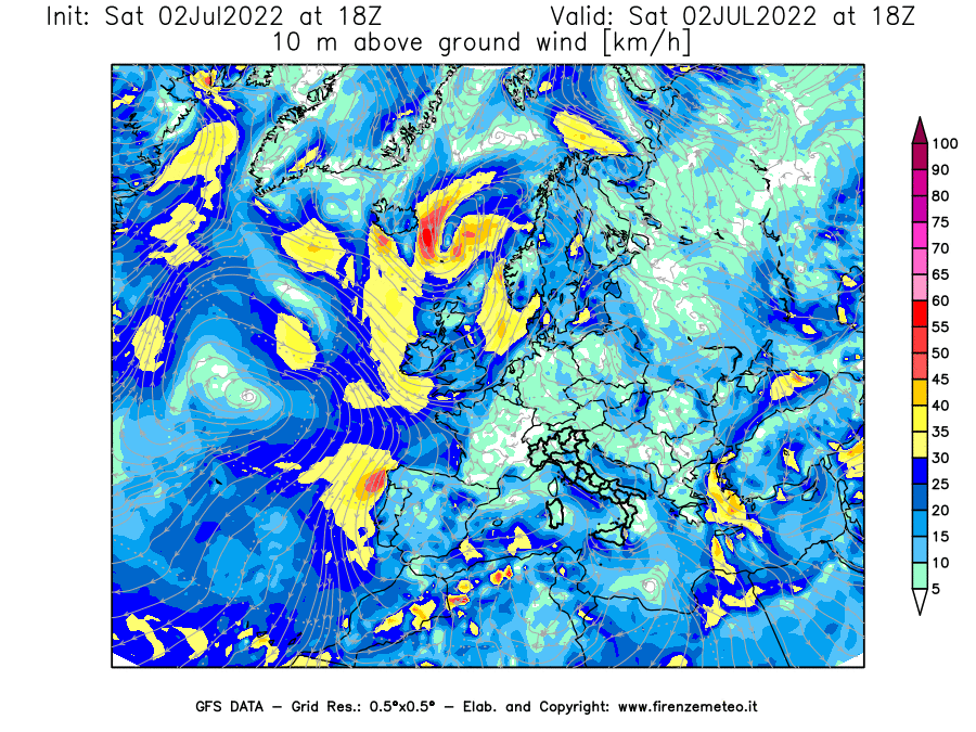 GFS analysi map - Wind Speed at 10 m above ground [km/h] in Europe
									on 02/07/2022 18 <!--googleoff: index-->UTC<!--googleon: index-->