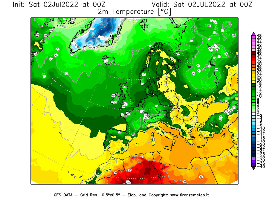 GFS analysi map - Temperature at 2 m above ground [°C] in Europe
									on 02/07/2022 00 <!--googleoff: index-->UTC<!--googleon: index-->