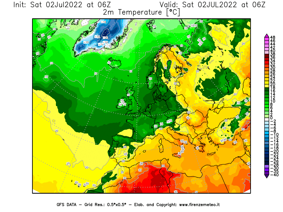GFS analysi map - Temperature at 2 m above ground [°C] in Europe
									on 02/07/2022 06 <!--googleoff: index-->UTC<!--googleon: index-->