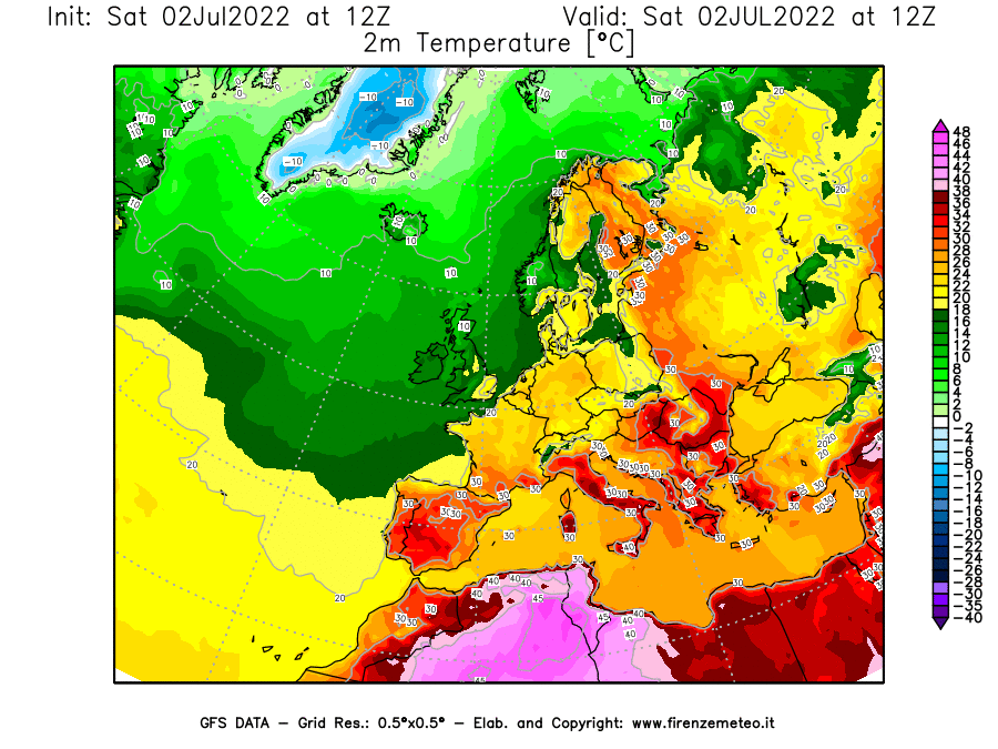 GFS analysi map - Temperature at 2 m above ground [°C] in Europe
									on 02/07/2022 12 <!--googleoff: index-->UTC<!--googleon: index-->