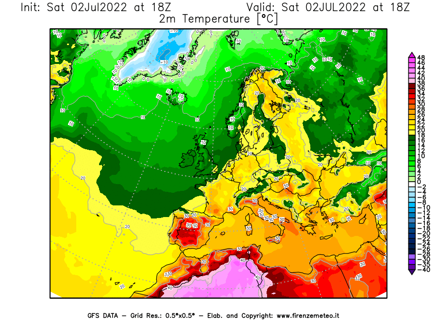 GFS analysi map - Temperature at 2 m above ground [°C] in Europe
									on 02/07/2022 18 <!--googleoff: index-->UTC<!--googleon: index-->