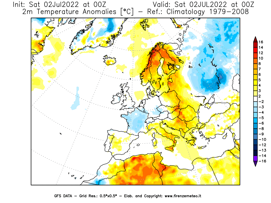 GFS analysi map - Temperature Anomalies [°C] at 2 m in Europe
									on 02/07/2022 00 <!--googleoff: index-->UTC<!--googleon: index-->
