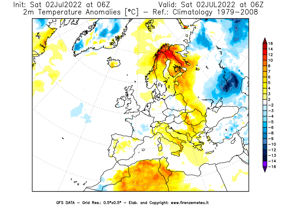 GFS analysi map - Temperature Anomalies [°C] at 2 m in Europe
									on 02/07/2022 06 <!--googleoff: index-->UTC<!--googleon: index-->