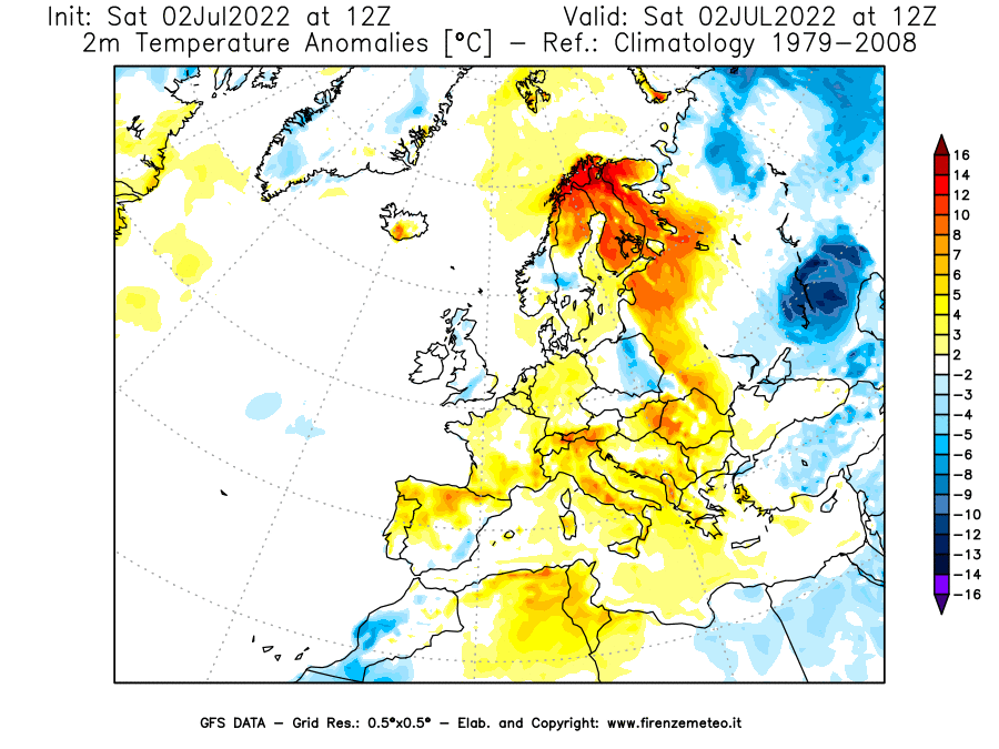 GFS analysi map - Temperature Anomalies [°C] at 2 m in Europe
									on 02/07/2022 12 <!--googleoff: index-->UTC<!--googleon: index-->