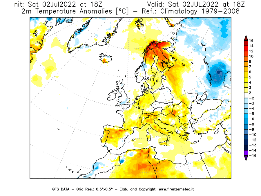 GFS analysi map - Temperature Anomalies [°C] at 2 m in Europe
									on 02/07/2022 18 <!--googleoff: index-->UTC<!--googleon: index-->