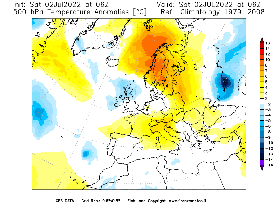 GFS analysi map - Temperature Anomalies [°C] at 500 hPa in Europe
									on 02/07/2022 06 <!--googleoff: index-->UTC<!--googleon: index-->