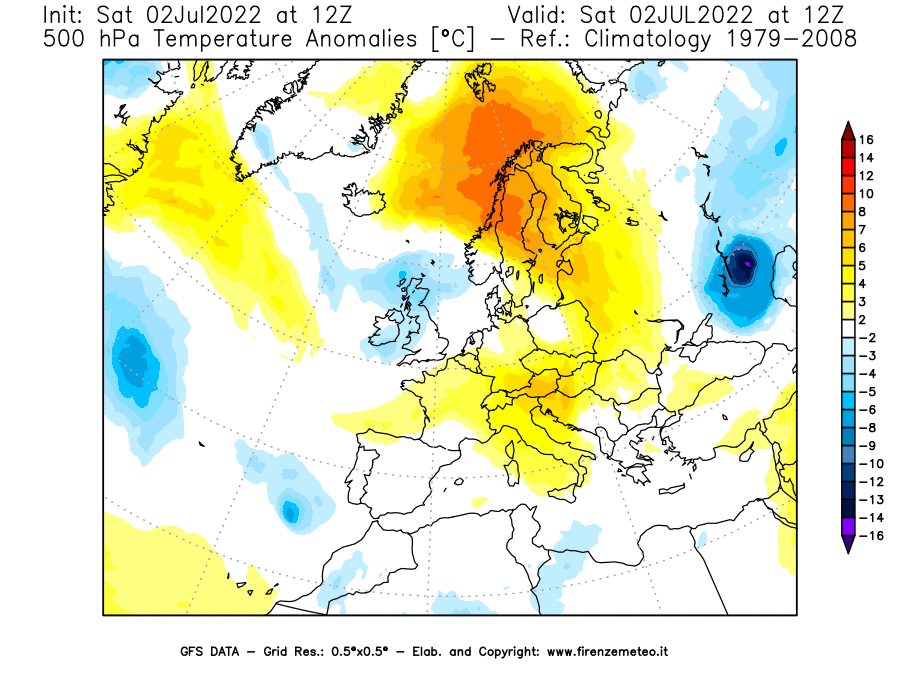 GFS analysi map - Temperature Anomalies [°C] at 500 hPa in Europe
									on 02/07/2022 12 <!--googleoff: index-->UTC<!--googleon: index-->