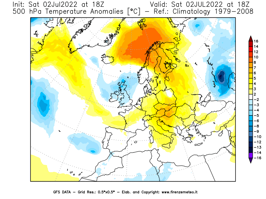 GFS analysi map - Temperature Anomalies [°C] at 500 hPa in Europe
									on 02/07/2022 18 <!--googleoff: index-->UTC<!--googleon: index-->
