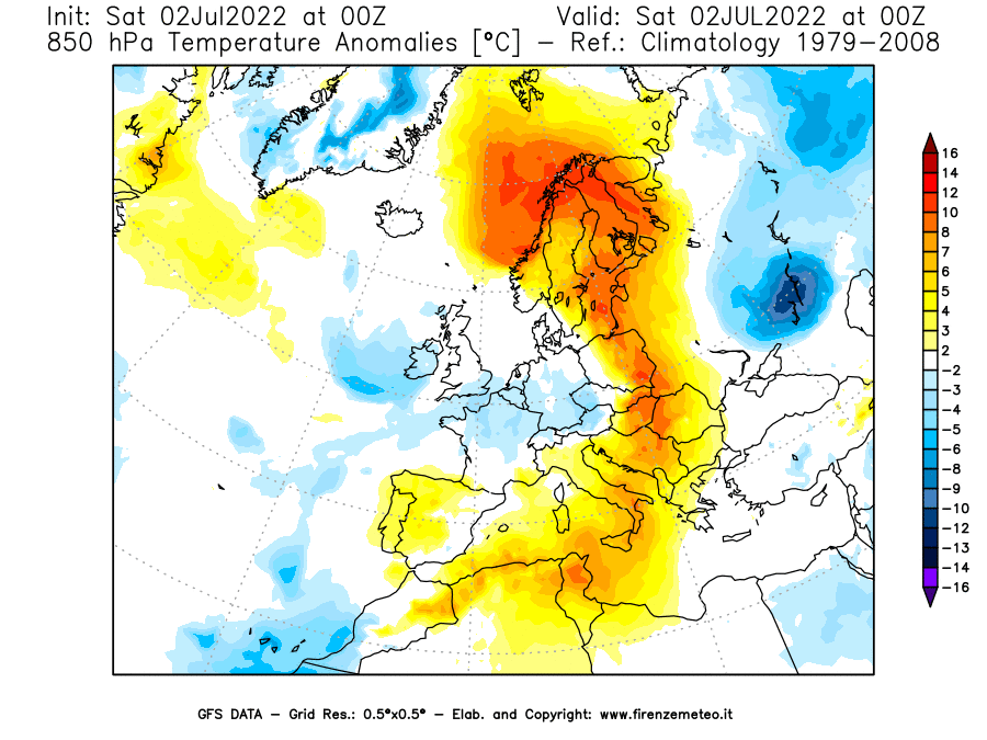 GFS analysi map - Temperature Anomalies [°C] at 850 hPa in Europe
									on 02/07/2022 00 <!--googleoff: index-->UTC<!--googleon: index-->