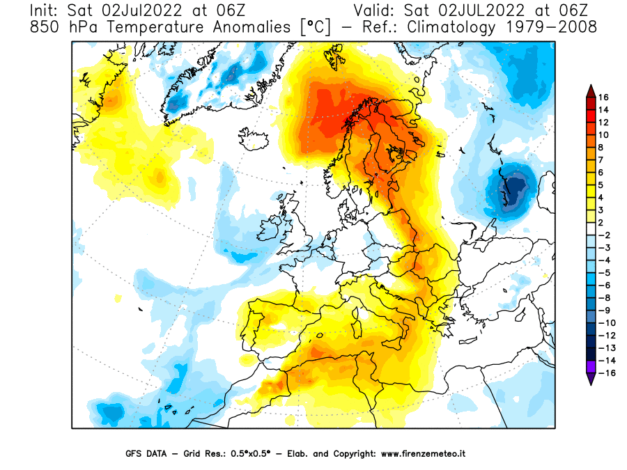 GFS analysi map - Temperature Anomalies [°C] at 850 hPa in Europe
									on 02/07/2022 06 <!--googleoff: index-->UTC<!--googleon: index-->