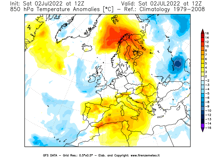GFS analysi map - Temperature Anomalies [°C] at 850 hPa in Europe
									on 02/07/2022 12 <!--googleoff: index-->UTC<!--googleon: index-->